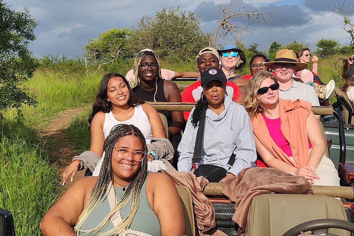 Students and professors on a safari trip.